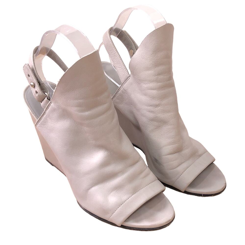 Vince Womens Size US 8 EU 39  Peeptoe Slingback Wedge Leather Silver 4 Inch Heel